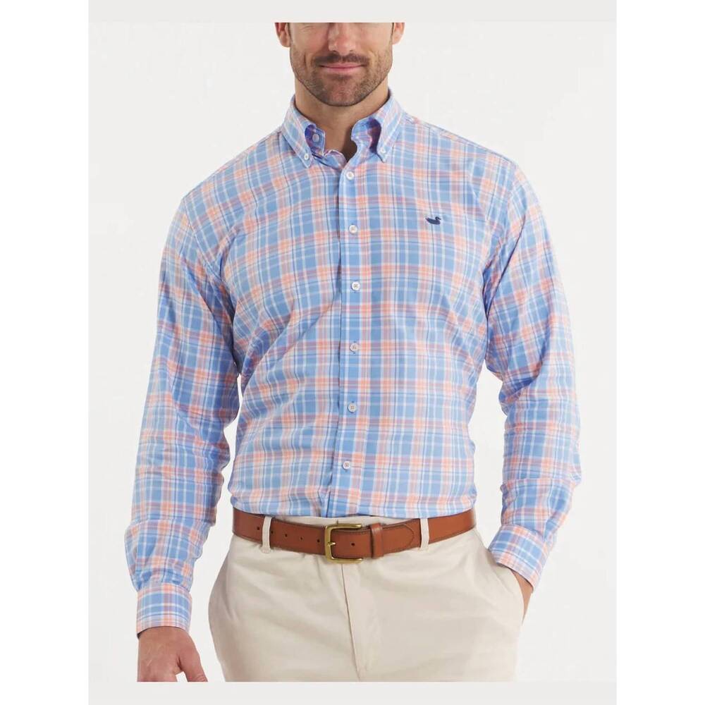 NEW SOUTHERN MARSH grainger performance plaid dress shirt in french blue & peach